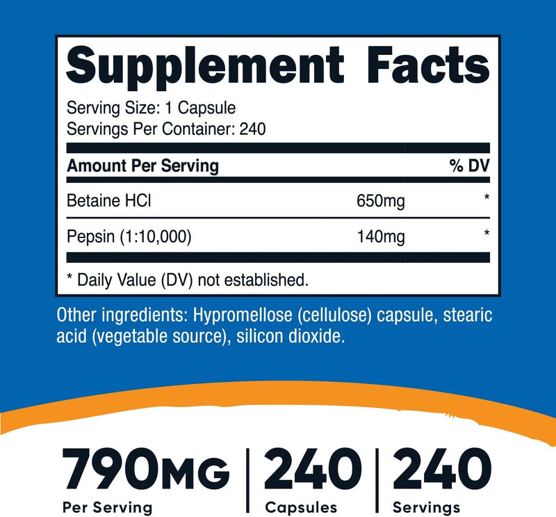 Nutricost Betaine HCl + Pepsin 790mg, 240 Capsules - Gluten Free and Non-GMO