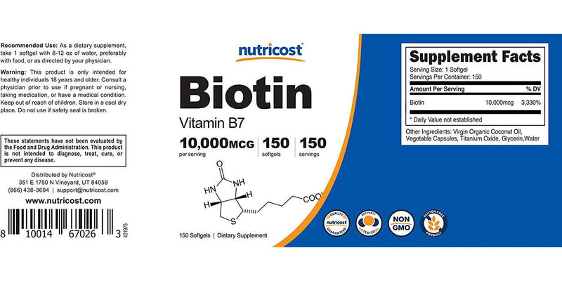 Nutricost Biotin (10,000mcg) with Virgin Organic Coconut Oil 150 Softgels - Gluten Free, Non-GMO