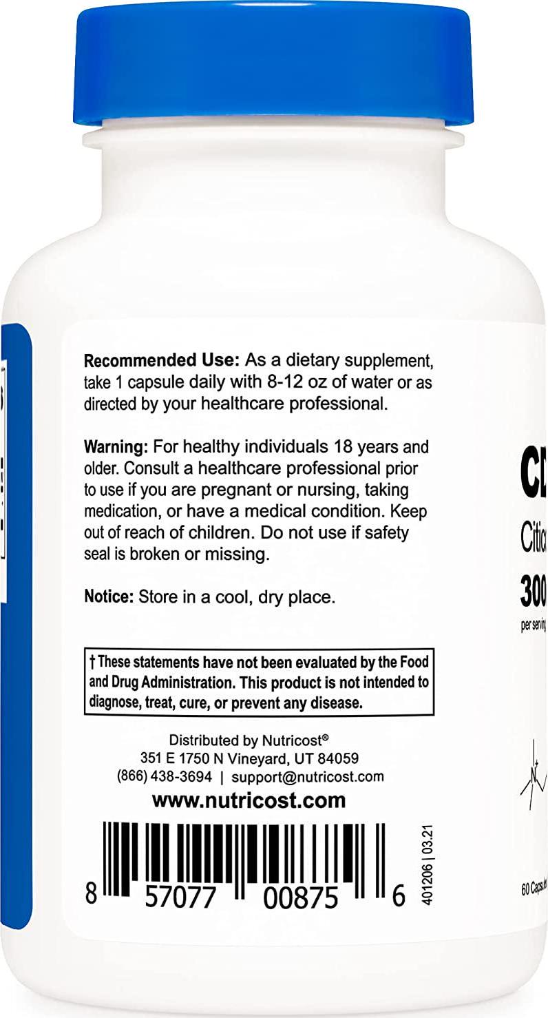 Nutricost CDP Choline (Citicoline) 300mg, 60 Veggie Capsules - Non-GMO, Vegan Friendly, Gluten Free ...