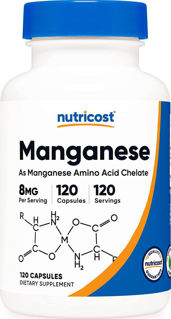 Nutricost Chelated Manganese Supplement 8mg, Amino Acid Chelate, 120 Capsules, 120 Servings - Gluten Free, Non-GMO and Vegetarian Friendly