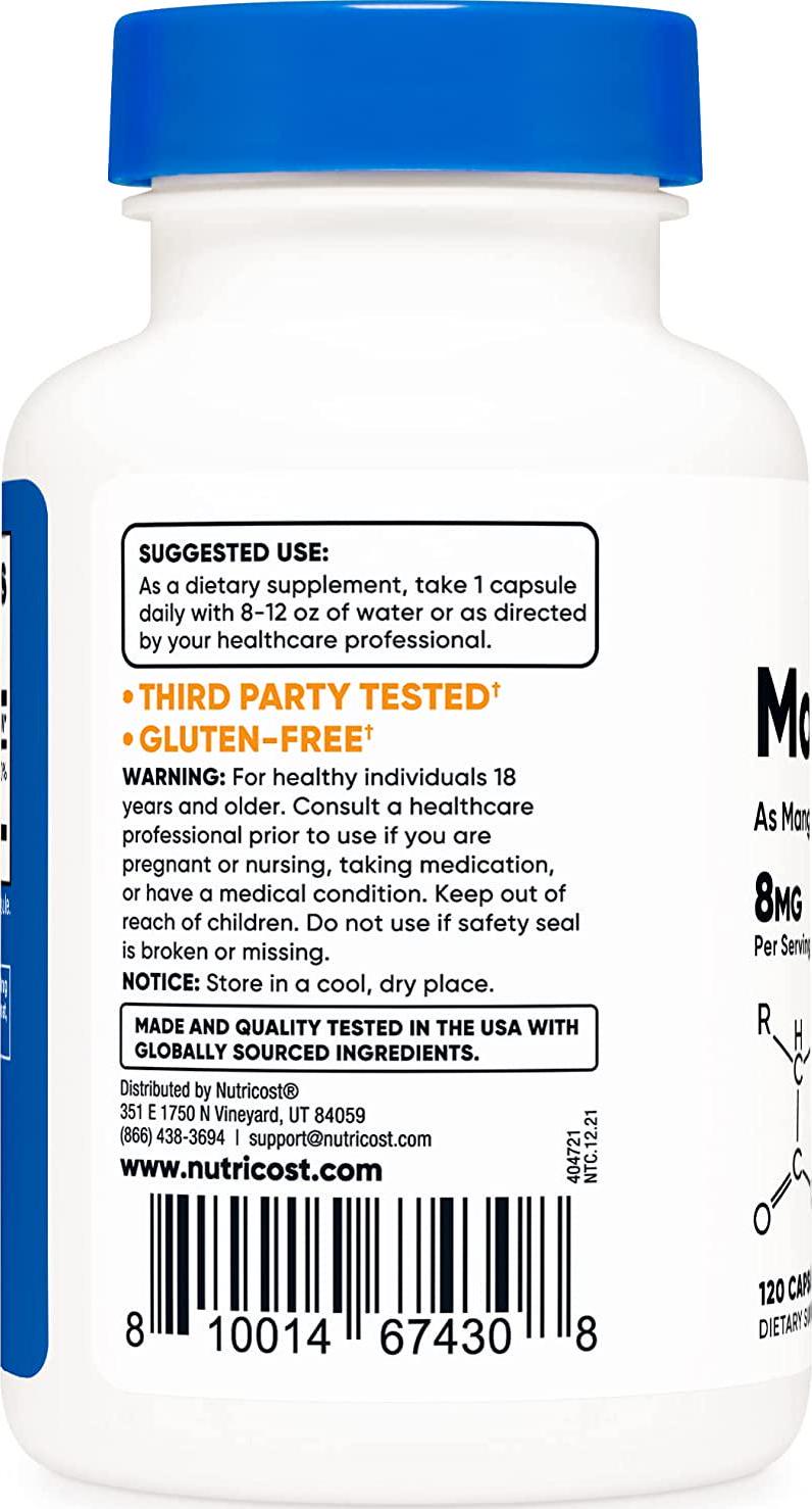 Nutricost Chelated Manganese Supplement 8mg, Amino Acid Chelate, 120 Capsules, 120 Servings - Gluten Free, Non-GMO and Vegetarian Friendly