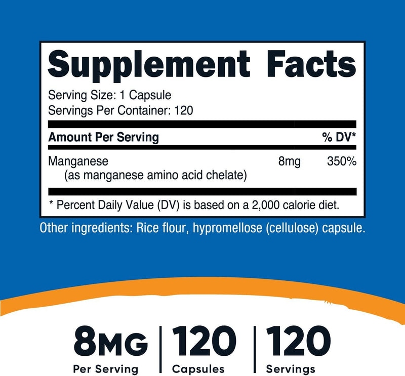 Nutricost Chelated Manganese Supplement 8mg, Amino Acid Chelate, 120 Capsules, 120 Servings - Gluten Free, Non-GMO and Vegetarian Friendly