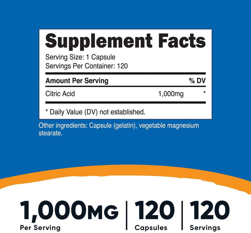 Nutricost Citric Acid 1000mg (1 Gram), 120 Capsules - Gluten Free, Non-GMO