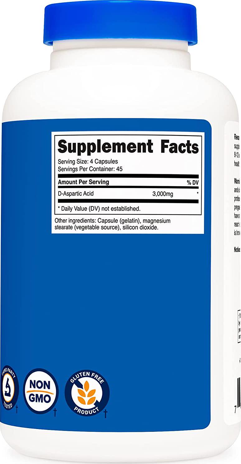 Nutricost D-Aspartic Acid (DAA) Capsules 3000mg Per Serving (180 Capsules) - Non-GMO