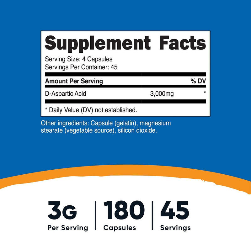 Nutricost D-Aspartic Acid (DAA) Capsules 3000mg Per Serving (180 Capsules) - Non-GMO