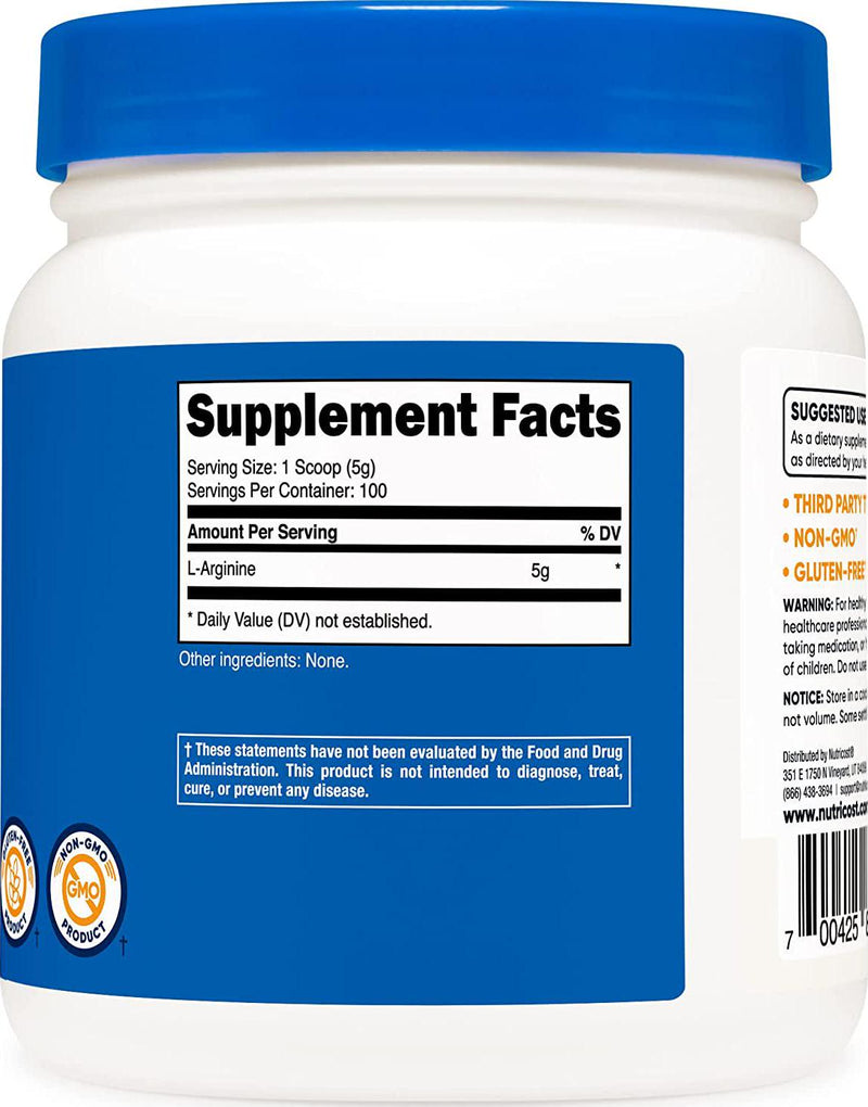 Nutricost L-Arginine Powder 500 Grams (1.1lbs) - Pure L-Arginine Powder - 5000mg Per Serving; 100 Servings