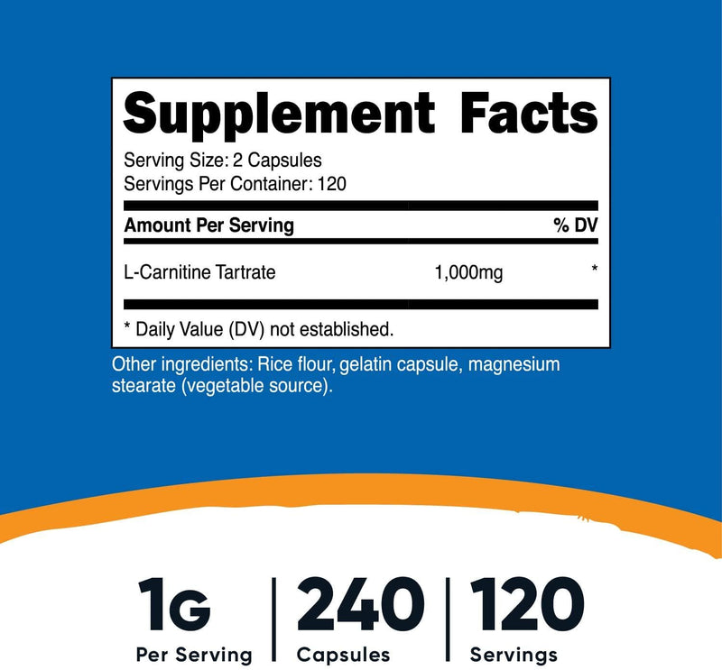 Nutricost L-Carnitine Tartrate 1,000mg, 240 Capsules - 500mg Per Capsule, 120 Servings