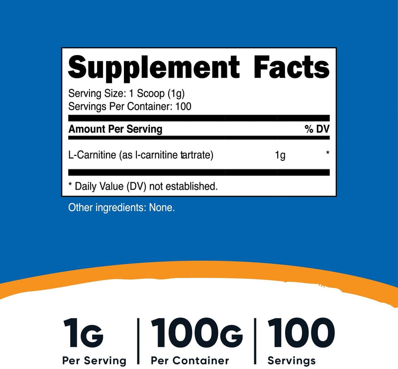 Nutricost L-Carnitine Tartrate Powder (100 Grams) - 1 Gram per Serving; 100 Servings