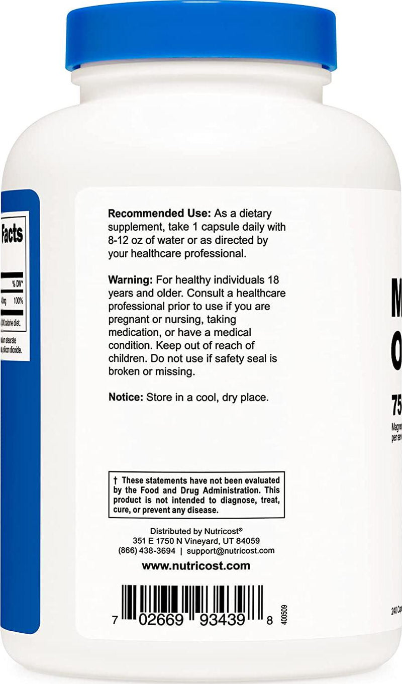 Nutricost Magnesium Oxide 750mg, 240 Capsules - 420mg of Magnesium, Non-GMO, Gluten Free