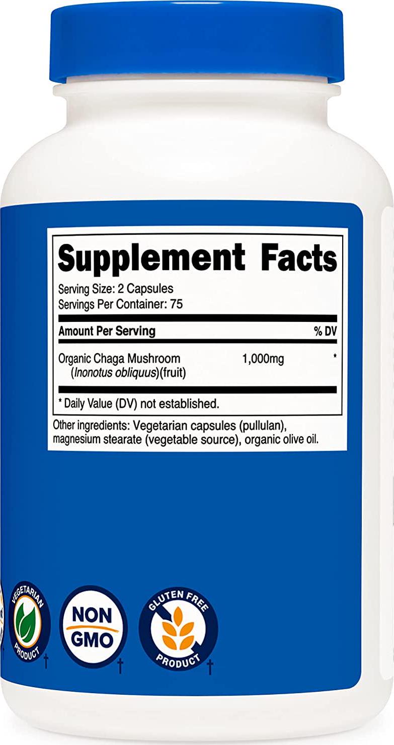 Nutricost Organic Chaga Mushroom Capsules 1000mg, 75 Servings - Certified CCOF Organic, Vegan, Gluten Free, 500mg Per Capsule, 150 Capsules