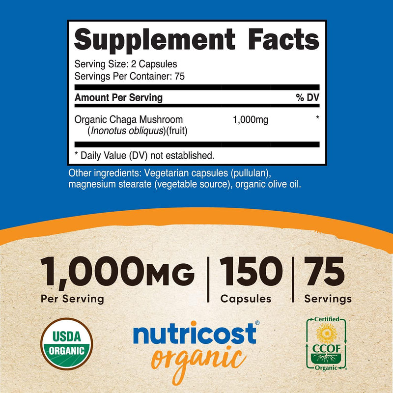 Nutricost Organic Chaga Mushroom Capsules 1000mg, 75 Servings - Certified CCOF Organic, Vegan, Gluten Free, 500mg Per Capsule, 150 Capsules