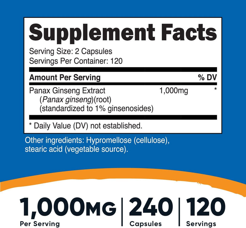 Nutricost Panax Ginseng 1000Mg, 240 Capsules - Non Gmo, Gluten Free, 120 Servings