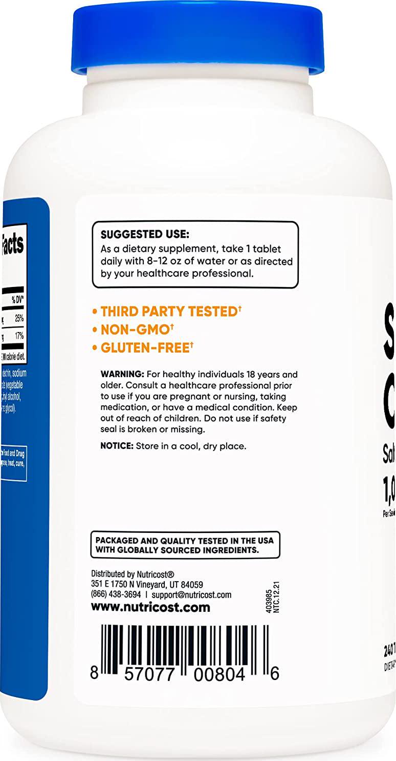 Nutricost Sodium Chloride 1000mg, 240 Tablets - Salt Tablets, Non-GMO, Gluten Free, Vegetarian Friendly