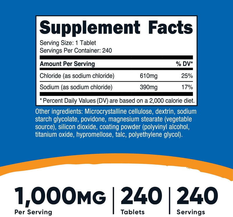 Nutricost Sodium Chloride 1000mg, 240 Tablets - Salt Tablets, Non-GMO, Gluten Free, Vegetarian Friendly