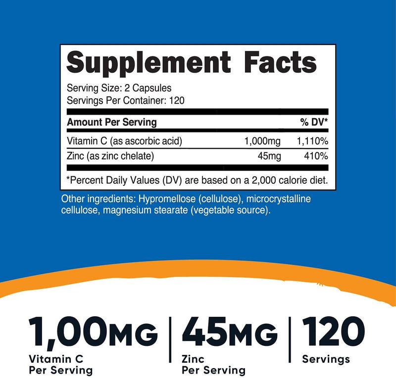 Nutricost Vitamin C with Zinc, 120 Capsules - 1000mg Vitamin C, 45mg Zinc, Non-GMO, Gluten Free Vitamin C Supplement