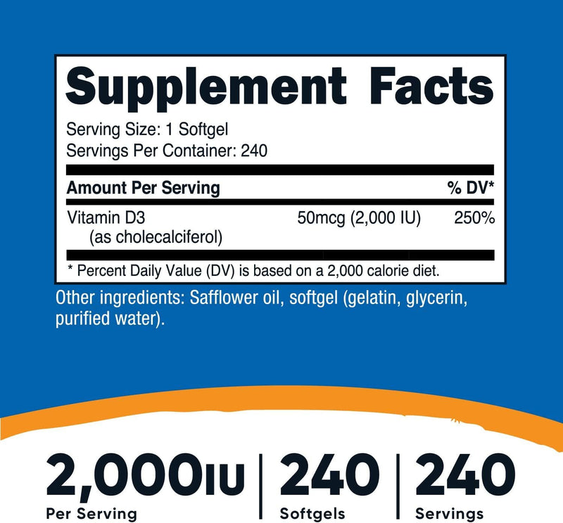 Nutricost Vitamin D3 2000 iu Softgels, 240 Softgels - Non-GMO and Gluten Free