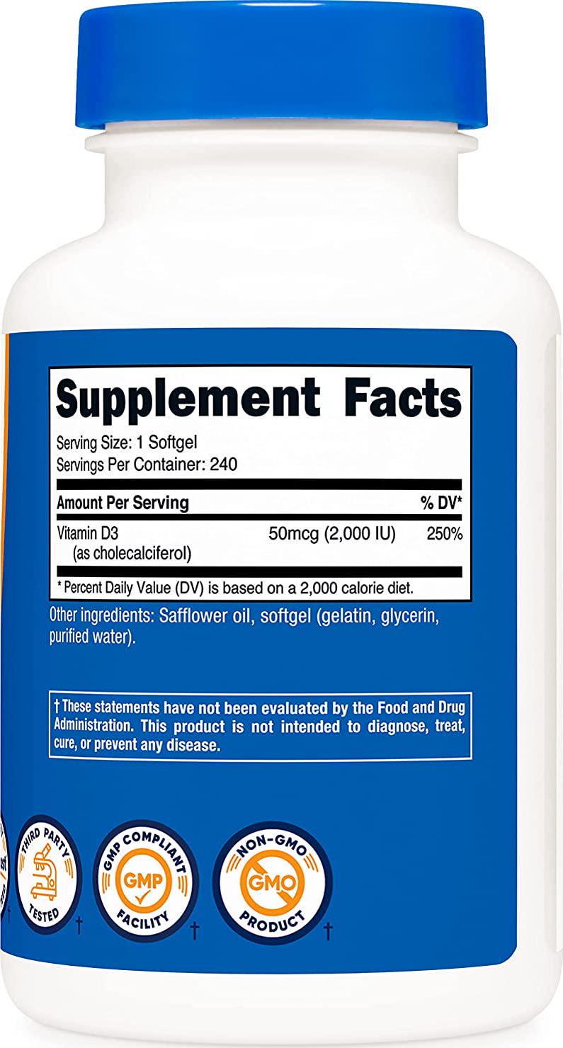 Nutricost Vitamin D3 2000 iu Softgels, 240 Softgels - Non-GMO and Gluten Free