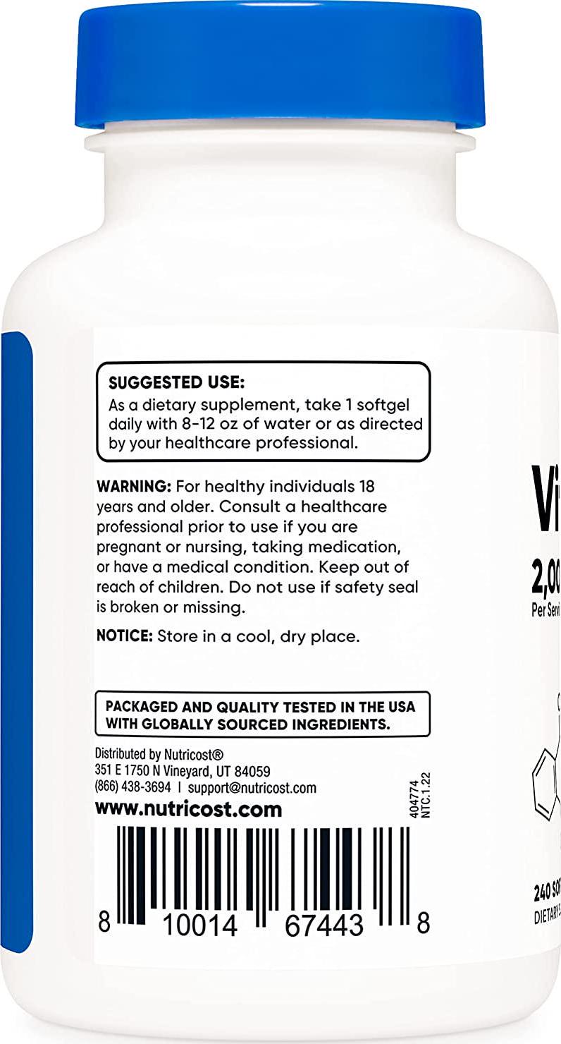 Nutricost Vitamin D3 2000 iu Softgels, 240 Softgels - Non-GMO and Gluten Free