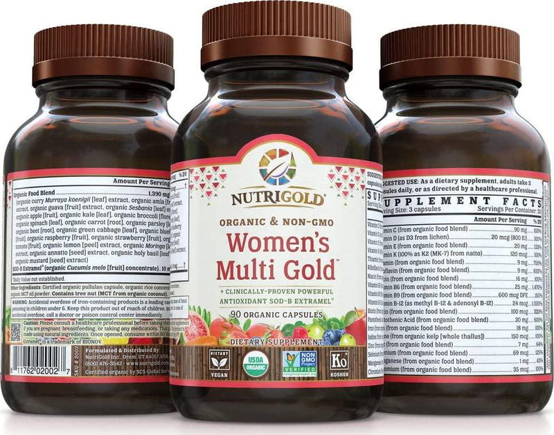 Nutrigold Organic Multivitamin for Women, Women's Multi Gold, 90 Capsules, Plant-Based Whole Food Multivitamin With Iron, Non-gmo, vegan, Kosher