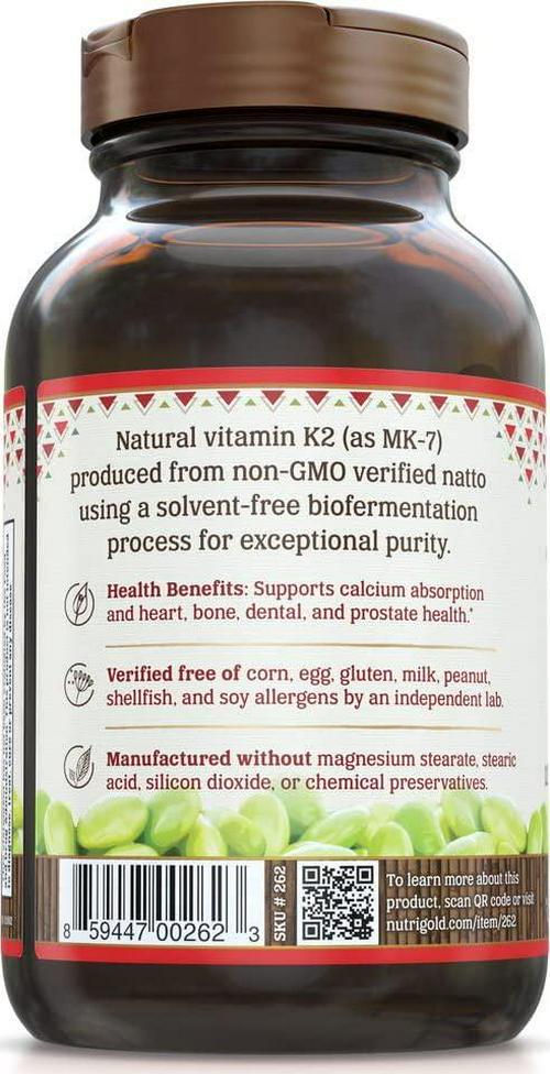 Nutrigold Vitamin K2 MK7 Supplement, 120 Capsules, Bone and Heart Support, Non-GMO, Vegan, Kosher Vitamin K Supplement with MK-7 (Vitamin K2 MK-7)