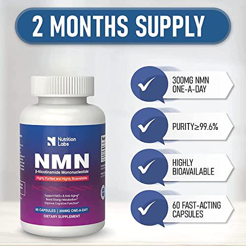 NutritionLabs NMN Nicotinamide Mononucleotide Supplement | Vitamin B3 (Niacin) Supplements, Boost NAD+ Levels, Anti-Aging, Lab Tested - 300mg per Serving (60 Vegan Capsules, 2 Months Supply)