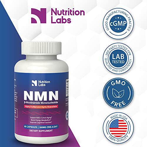 NutritionLabs NMN Nicotinamide Mononucleotide Supplement | Vitamin B3 (Niacin) Supplements, Boost NAD+ Levels, Anti-Aging, Lab Tested - 300mg per Serving (60 Vegan Capsules, 2 Months Supply)