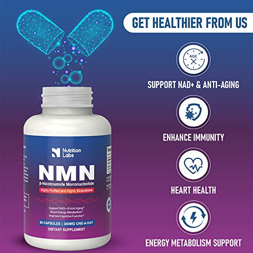 NutritionLabs NMN Nicotinamide Mononucleotide Supplement | Vitamin B3 (Niacin) Supplements, Boost NAD+ Levels, Anti-Aging, Lab Tested - 300mg per Serving (60 Vegan Capsules, 2 Months Supply)