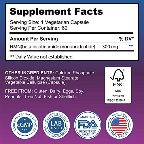 NutritionLabs NMN Nicotinamide Mononucleotide Supplement | Vitamin B3 (Niacin) Supplements, Boost NAD+ Levels, Anti-Aging, Lab Tested - 300mg per Serving (60 Vegan Capsules, 2 Months Supply)