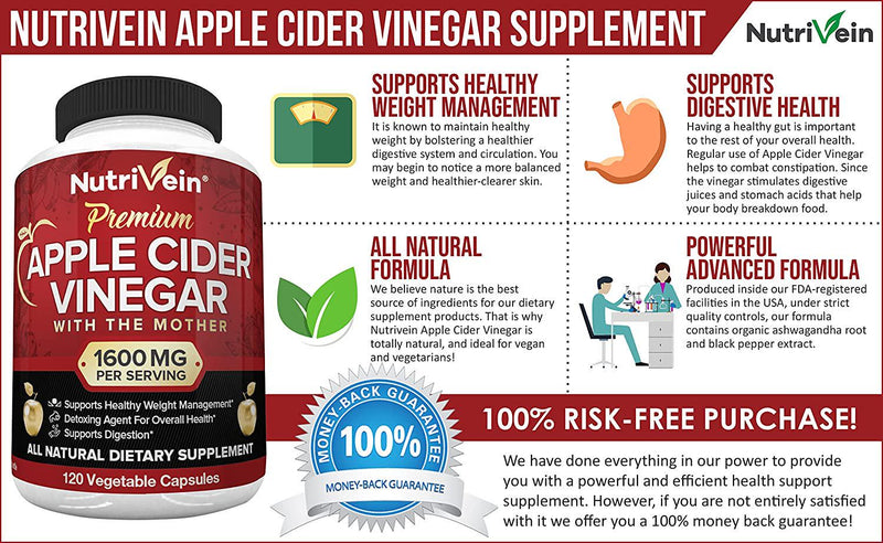 Nutrivein Apple Cider Vinegar Capsules with Mother - 1600mg - 120 Vegan Pills - Supports Healthy Weight Loss, Diet, Detox, Digestion, Keto, Cleanser - Best Supplement for Immune System - ACV Raw
