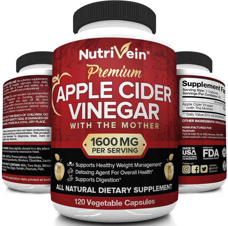 Nutrivein Apple Cider Vinegar Capsules with Mother - 1600mg - 120 Vegan Pills - Supports Healthy Weight Loss, Diet, Detox, Digestion, Keto, Cleanser - Best Supplement for Immune System - ACV Raw