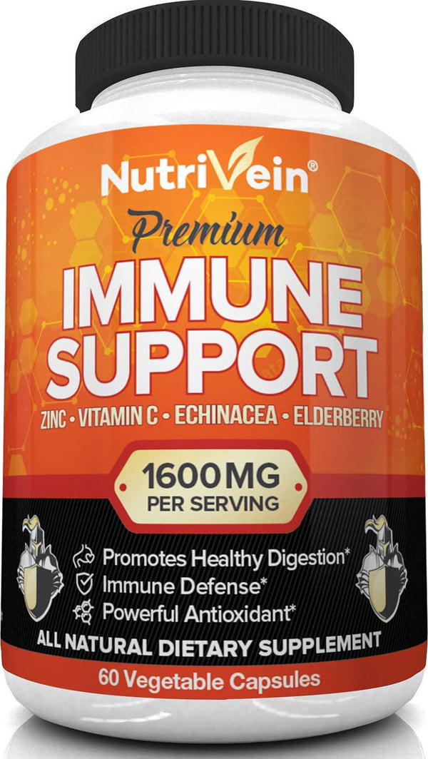 Nutrivein Immune Support - Boost Your Immune System with Elderberry, Zinc, Vitamin C, Garlic and Echinacea Prebiotics - 1600MG Daily Dose - Supports Healthy Lifestyle and Stress Relief - 60 Capsules