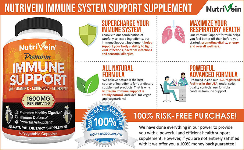 Nutrivein Immune Support - Boost Your Immune System with Elderberry, Zinc, Vitamin C, Garlic and Echinacea Prebiotics - 1600MG Daily Dose - Supports Healthy Lifestyle and Stress Relief - 60 Capsules
