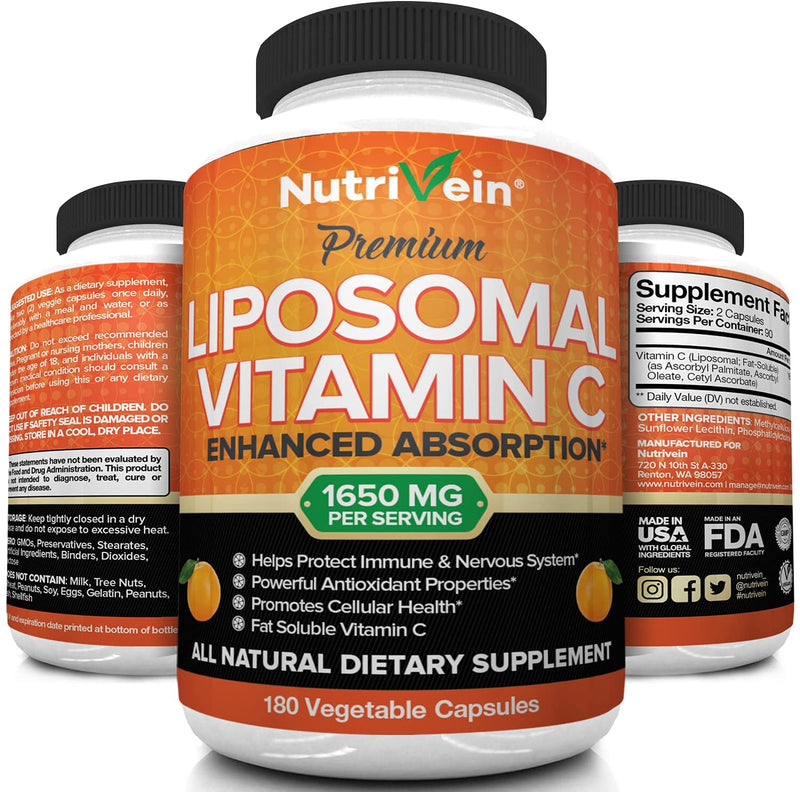 Nutrivein Liposomal Vitamin C 1400mg - 180 Capsules - High Absorption Ascorbic Acid - Supports Immune System and Collagen Booster - Powerful Antioxidant High Dose Fat Soluble Supplement - Lypo Spheric