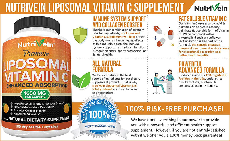 Nutrivein Liposomal Vitamin C 1400mg - 180 Capsules - High Absorption Ascorbic Acid - Supports Immune System and Collagen Booster - Powerful Antioxidant High Dose Fat Soluble Supplement - Lypo Spheric