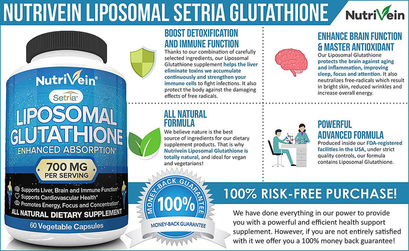 Nutrivein Liposomal Glutathione Setria 600mg - 60 Capsules - Pure Reduced Glutathione - Master Antioxidant for Optimal Cell Protection, Liver Detox, Cardiovascular Health, Brain and Immune Function