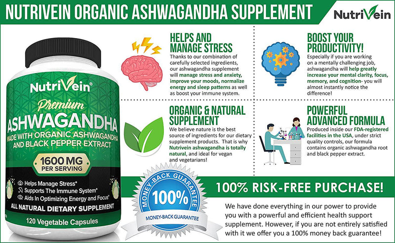 Nutrivein Organic Ashwagandha Capsules 1200mg - 120 Vegan Pills - Black Pepper Extract - 100% Pure Root Powder Supplement - Stress Relief, Anxiety, Immune, Thyroid and Adrenal Support - Mood Enhancer