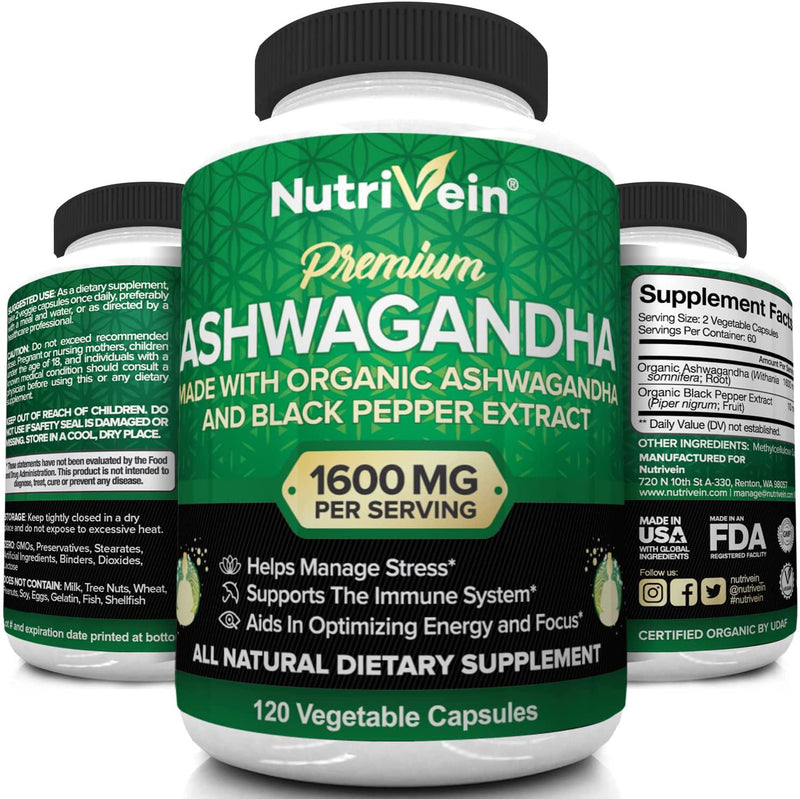 Nutrivein Organic Ashwagandha Capsules 1200mg - 120 Vegan Pills - Black Pepper Extract - 100% Pure Root Powder Supplement - Stress Relief, Anxiety, Immune, Thyroid and Adrenal Support - Mood Enhancer