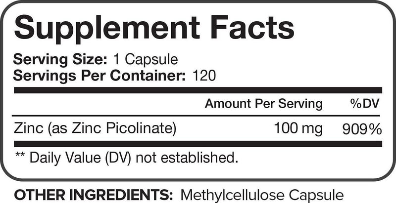 Nutrivein Premium Zinc Picolinate 100mg - 120 Capsules - Immunity Defense Boosts Immune System and Cellular Regeneration - Maximum Strength Bioavailable Supplement - Essential Elements for Absorption