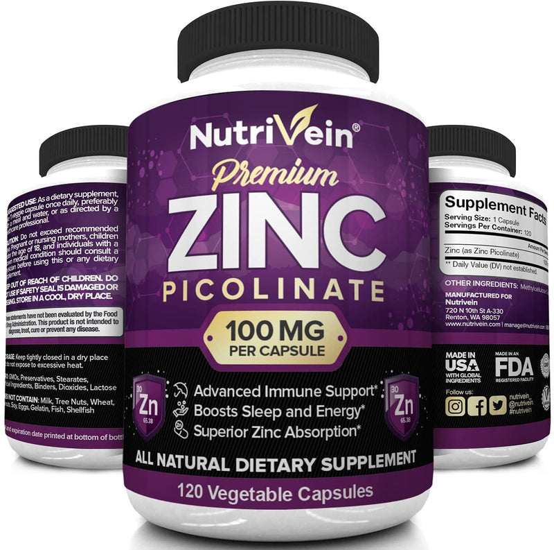 Nutrivein Premium Zinc Picolinate 100mg - 120 Capsules - Immunity Defense Boosts Immune System and Cellular Regeneration - Maximum Strength Bioavailable Supplement - Essential Elements for Absorption
