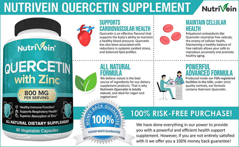 Nutrivein Quercetin 800mg with Zinc - Plant Pigment Flavonoid - Anti-Inflammatory Immune System Booster - 30 Day Supply (60 Capsules, 2 Daily)