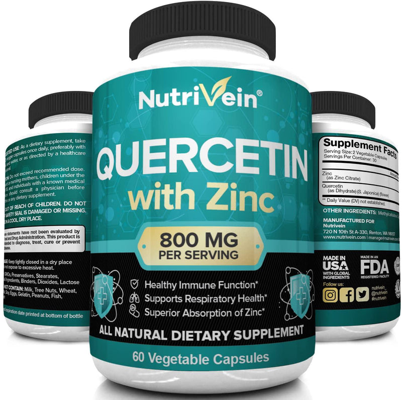 Nutrivein Quercetin 800mg with Zinc - Plant Pigment Flavonoid - Anti-Inflammatory Immune System Booster - 30 Day Supply (60 Capsules, 2 Daily)