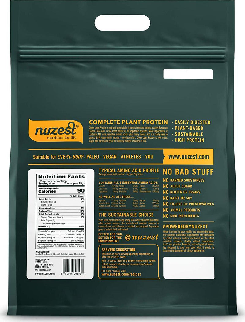 Nuzest Clean Lean Protein - Premium Vegan Protein Powder, Plant Protein Powder, European Golden Pea Protein, Dairy Free, Gluten Free, GMO Free, Naturally Sweetened, Smooth Vanilla, 100 Servings, 5.5lb