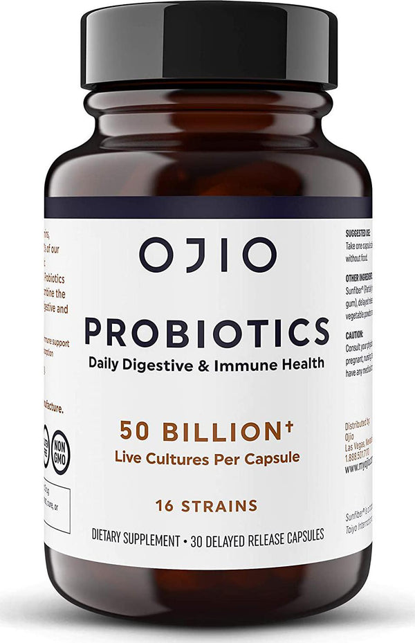 OJIO Probiotics 50 Billion Live CFU | 16 strains | for Men and Women | Digestive Enzymes | Immune Support | Improved Gut Health | DR Formulated | Shelf Stable - 30 Capsules