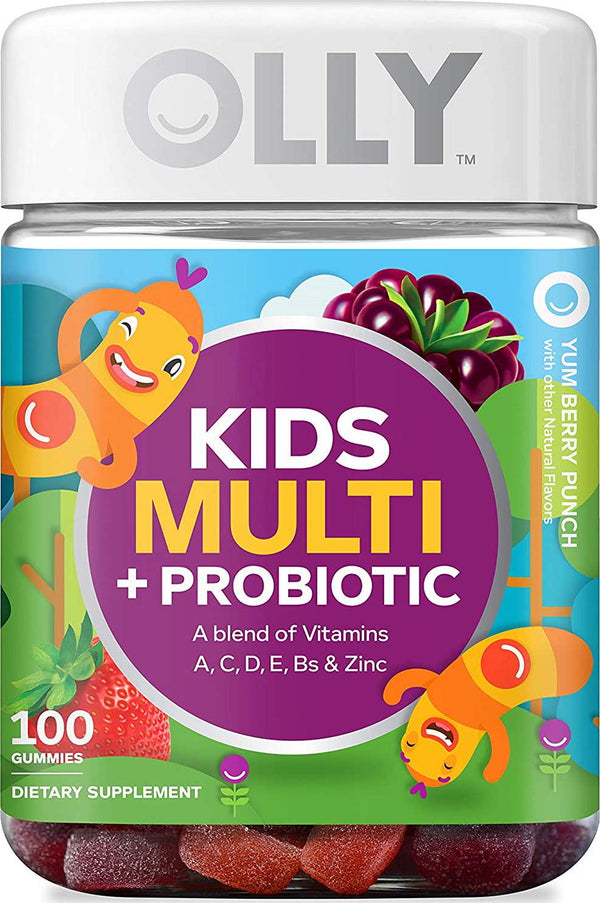 OLLY Kids Multi + Probiotic Gummy Multivitamin, 50 Day Supply (100 Gummies), Yum Berry Punch, Vitamins A, C, D, E, B, Zinc, Probiotics, Chewable Supplement