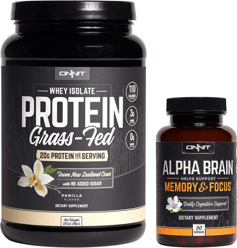 ONNIT Nootropic + Sports Nutrition Stack - Alpha Brain (90ct) + Grass Fed Whey Protein (Vanilla)