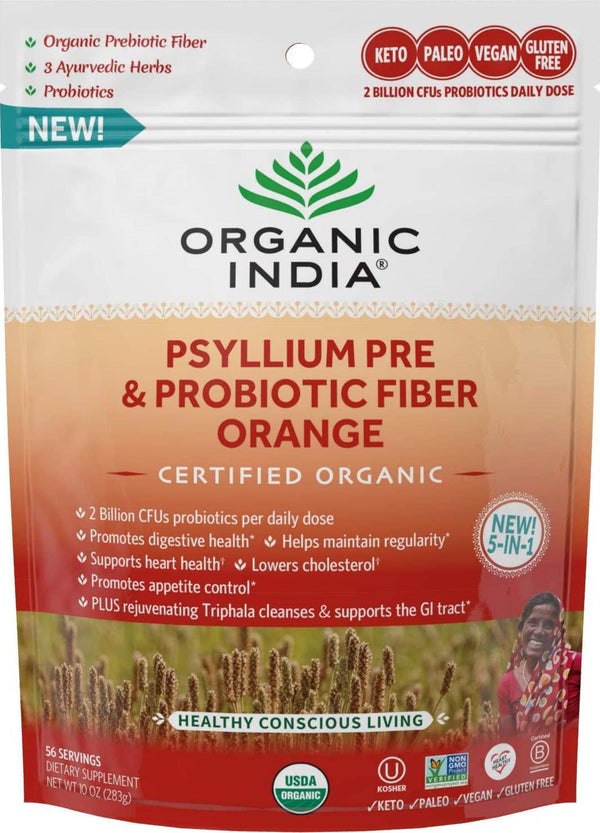 ORGANIC INDIA Psyllium Pre and Probiotic Fiber Orange, Digestive Support, Immune Support Organic Psyllium Prebiotic Fiber, Triphala Formula, Gluten-Free, Non-GMO, Vegan Baking (10-Ounce Bag)