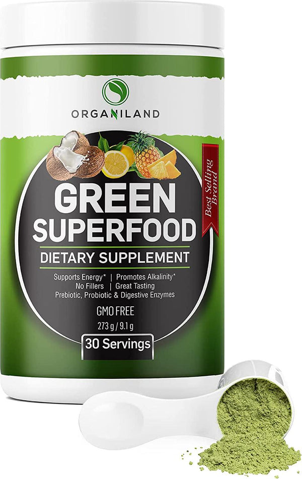 ORGANILAND Green Superfood | Super Greens Powder Juice and Smoothie Mix | Complete Whole Foods (Organic Spirulina, Chlorella, Wheat Grass), Probiotics, Digestive Enzymes, and Antioxidants (Original)