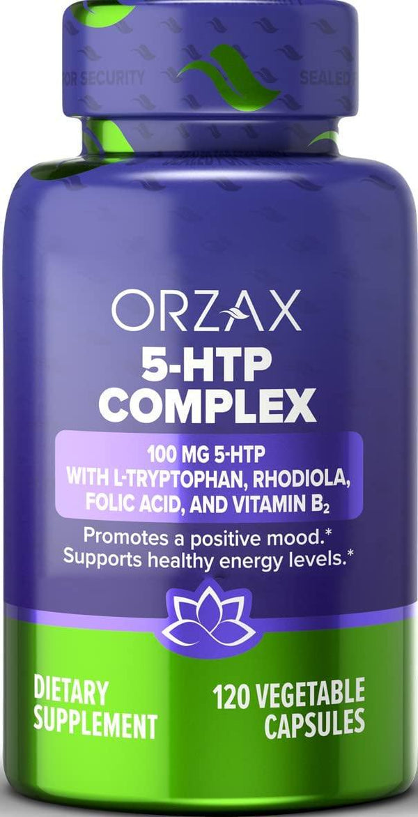 ORZAX 5-HTP with L-Tryptophan and Rhodiola, 100 mg, Extra Complex Formula Helps Increase Serotonin Level*, Mood*, Helps Sleep Quality* and Support Stress Management*, Dairy Free, 120 Vegetable Capsules