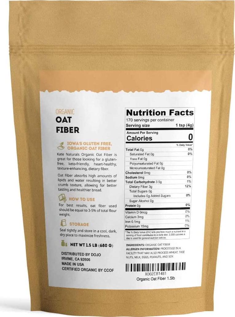 Oat Fiber Powder for Baking and Keto (1.5 lbs) - Kate Naturals. USDA Organic Fiber Supplement Powder, 100% Natural, Gluten-Free, Non-GMO. High in Fiber for Low Carb Keto. Natural Fiber Choice.