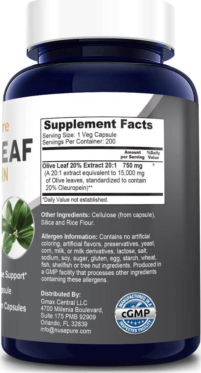 Olive Leaf Extract 20% 200 Caps (Non-GMO and Gluten Free) 750 mg - Oleuropein - Vegetarian - Super Strength - Immune Support, Cardiovascular Health and Antioxidant Supplement - No Oil